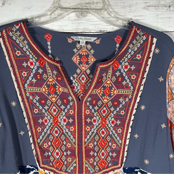 John Mark Tunic Embroidered Bohemian Split Neck Lantern Sleeve Top 0X (14-16) - Picture 5 of 11
